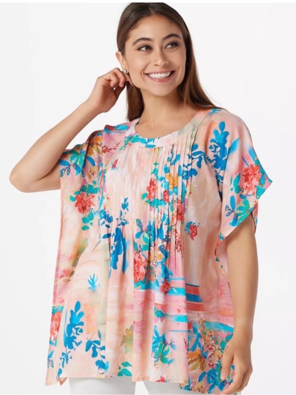 Tolani Collection Blush Pink Floral Caftan Blouse, 100% Modal, Size Large